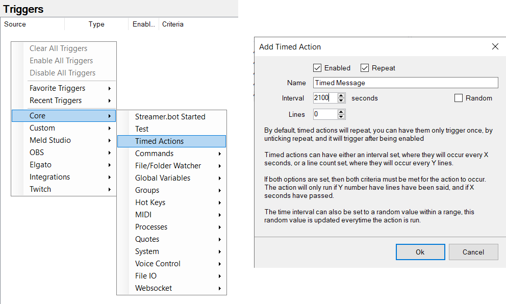 Example of Streamer.Bot setup to trigger the Timed Actions extension. Left image shows how to select the Timed Actions trigger. Right image shows example settings for the Timed Action.